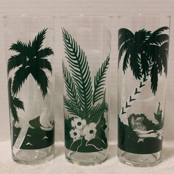 3 Vintage Libbey Tom Collins Cocktail Glasses Tropical Island Palm Tree Glasses - Picture 1 of 9